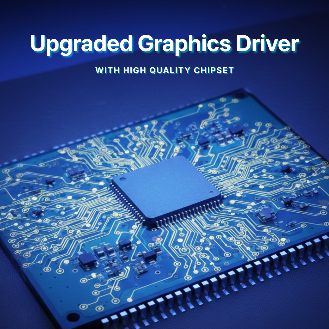 Electronic circuit board with a chip on a blue background, featuring text about upgraded graphics driver and high-quality chipset.