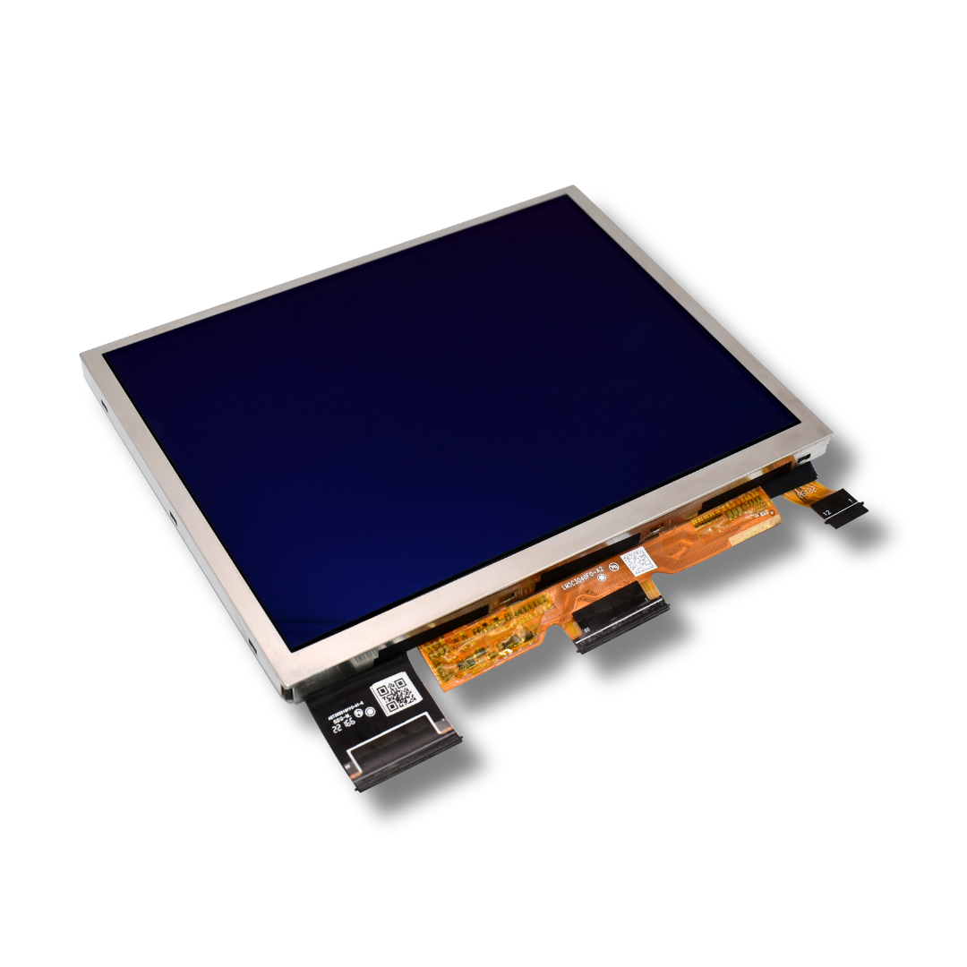 Infotainment screen with connectors on a white background