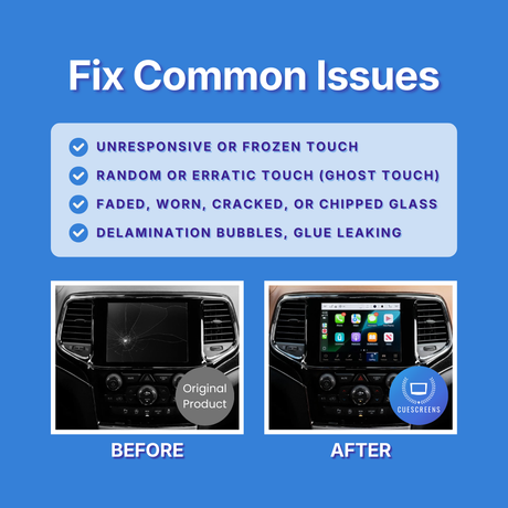 Before and after comparison of a car touchscreen with text about common issues on a blue background.