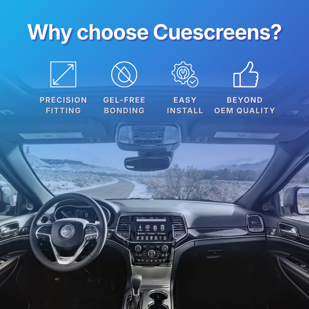 Car interior with 'Why choose Cuescreens?' text and icons on a blue background