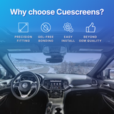 Car interior with 'Why choose Cuescreens?' text and icons on a blue background