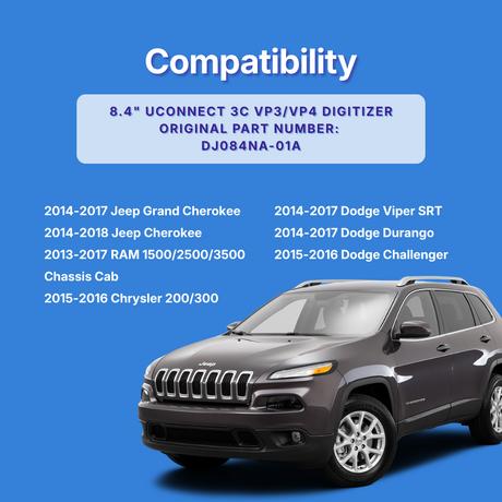 Compatibility chart for 8.4" UCONNECT 3C VP3/VP4 digitizer with a Jeep Grand Cherokee on a blue background