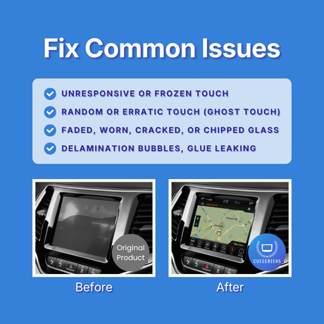 Before and after comparison of a car's infotainment screen with text about common issues on a blue background