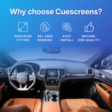 Car interior with Cuescreens branding highlighting features like precision fitting, gel-free bonding, easy install, and beyond OEM quality