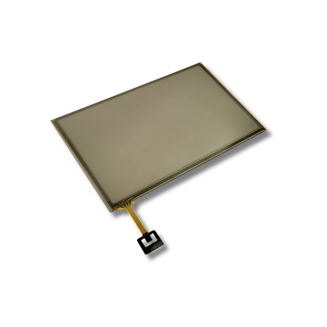 Electronic touchscreen with a ribbon cable on a white background.