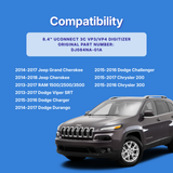 Compatibility chart for Jeep, RAM, Dodge, and Chrysler vehicles with a gray Jeep on a blue background