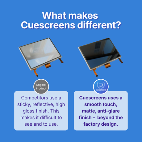 Comparison of original product and Cuescreens on a blue background with text explaining the differences