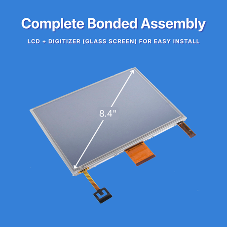 8.4-inch LCD digitizer screen assembly on a blue background with text about complete bonded assembly