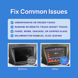 Before and after comparison of a car's infotainment screen with text about fixing common issues on a blue background