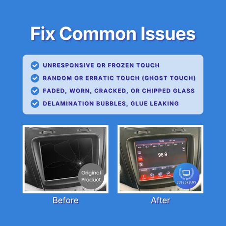 Before and after comparison of a car's infotainment screen with text about fixing common issues on a blue background