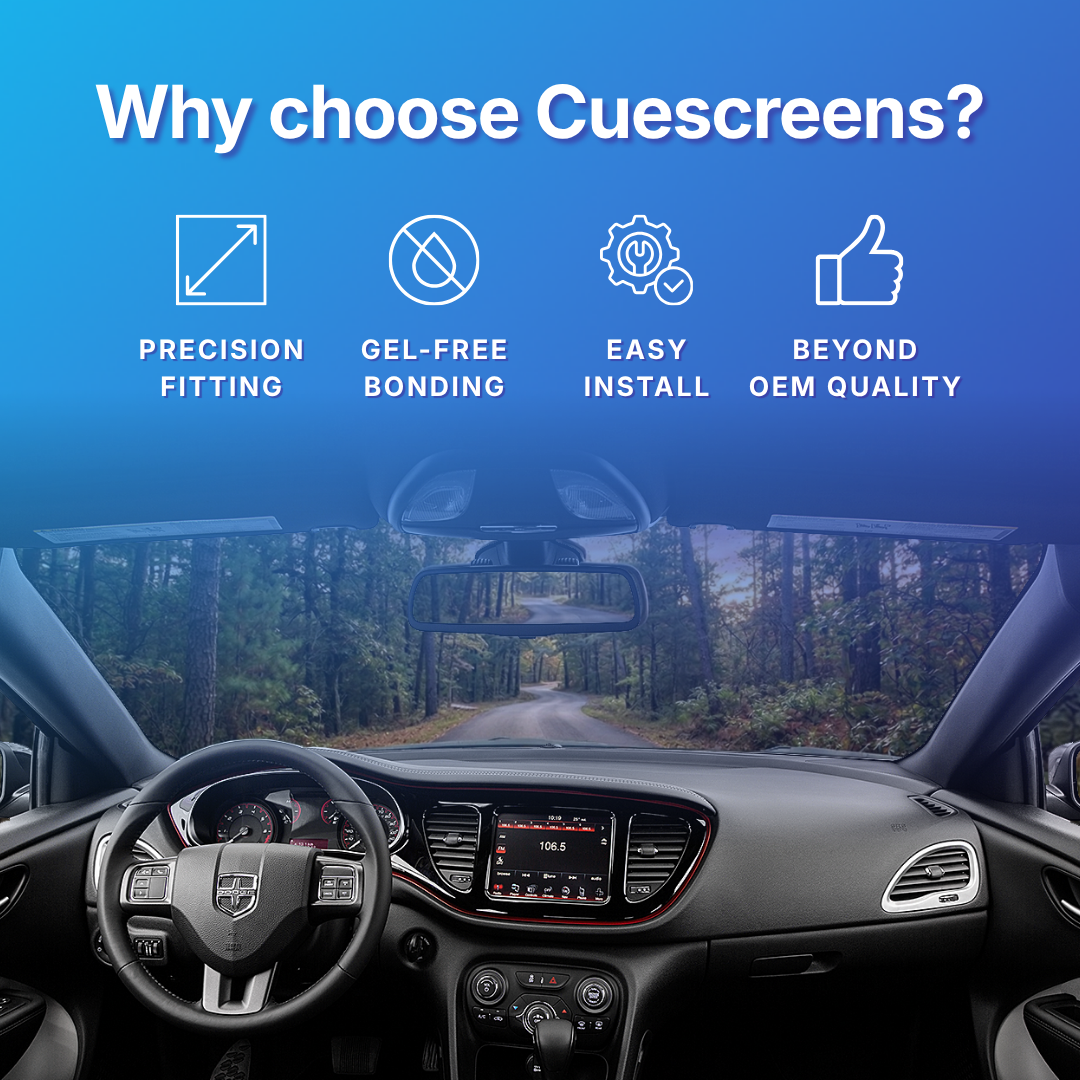 Car interior with dashboard display and 'Why choose Cuescreens?' text with icons highlighting features like precision fitting, gel-free bonding, easy install, and beyond OEM quality