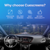 Car interior with dashboard display and 'Why choose Cuescreens?' text with icons highlighting features like precision fitting, gel-free bonding, easy install, and beyond OEM quality