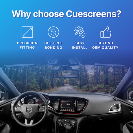 Car interior with dashboard display and 'Why choose Cuescreens?' text with icons highlighting features like precision fitting, gel-free bonding, easy install, and beyond OEM quality