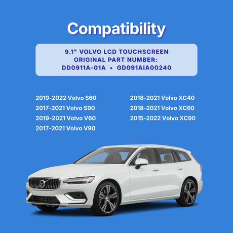 White Volvo car on a blue background with compatibility information for Volvo infotainment systems