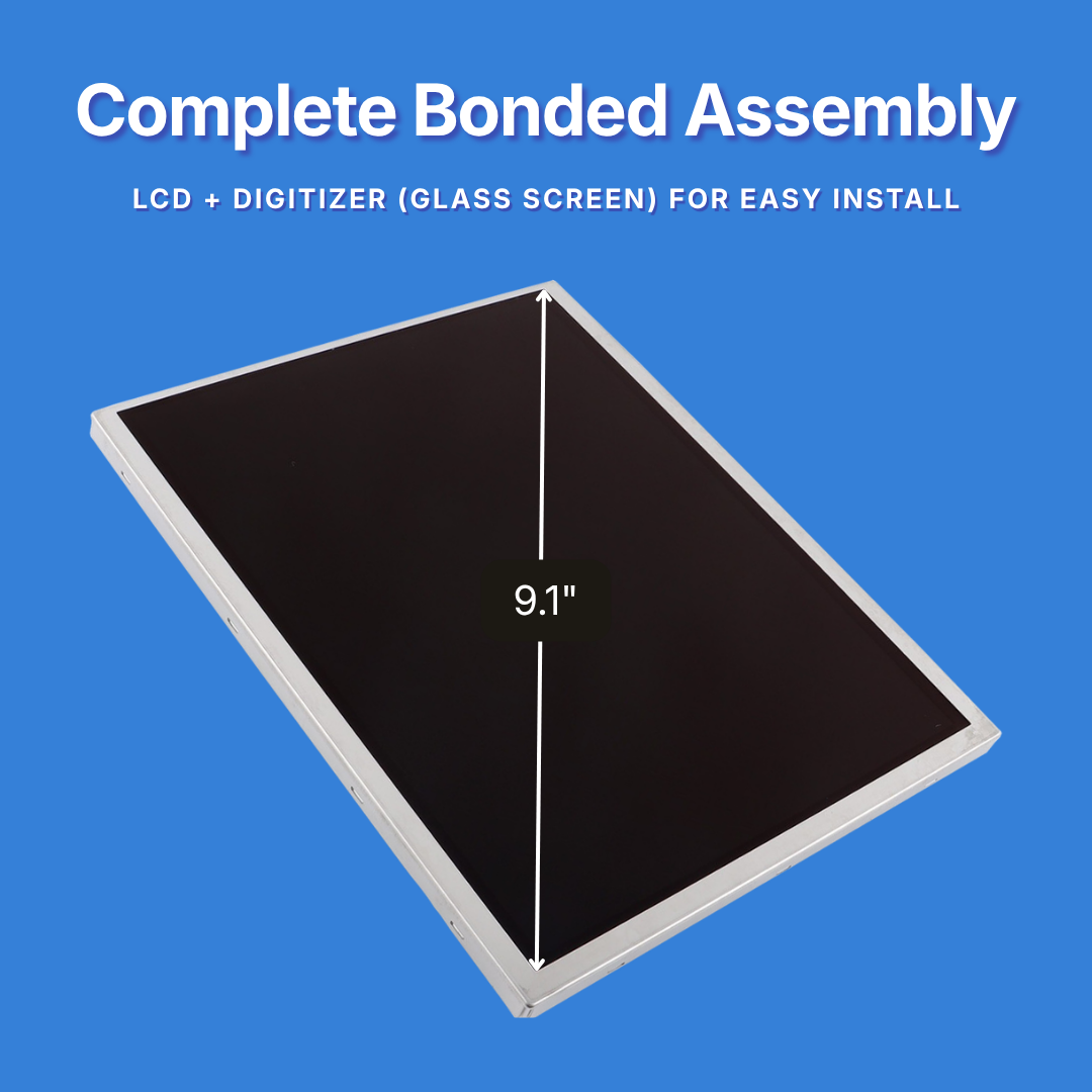 9.1" LCD digitizer screen assembly on a blue background