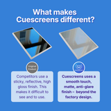 Comparison of other's product and Cuescreens product on a blue background with text explaining differences