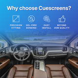 Car interior with Cuescreens branding highlighting features like precision fitting, gel-free bonding, easy install, and beyond OEM quality