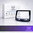 A glossy black car stereo dashboard bezel frame shown in front of its white retail box, with the Cuescreens brand name and logo visible on both the packaging and the lower banner.