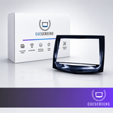 A glossy black car stereo dashboard bezel frame shown in front of its white retail box, with the Cuescreens brand name and logo visible on both the packaging and the lower banner.