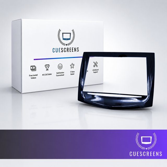 A glossy black car stereo dashboard bezel frame shown in front of its white retail box, with the Cuescreens brand name and logo visible on both the packaging and the lower banner.