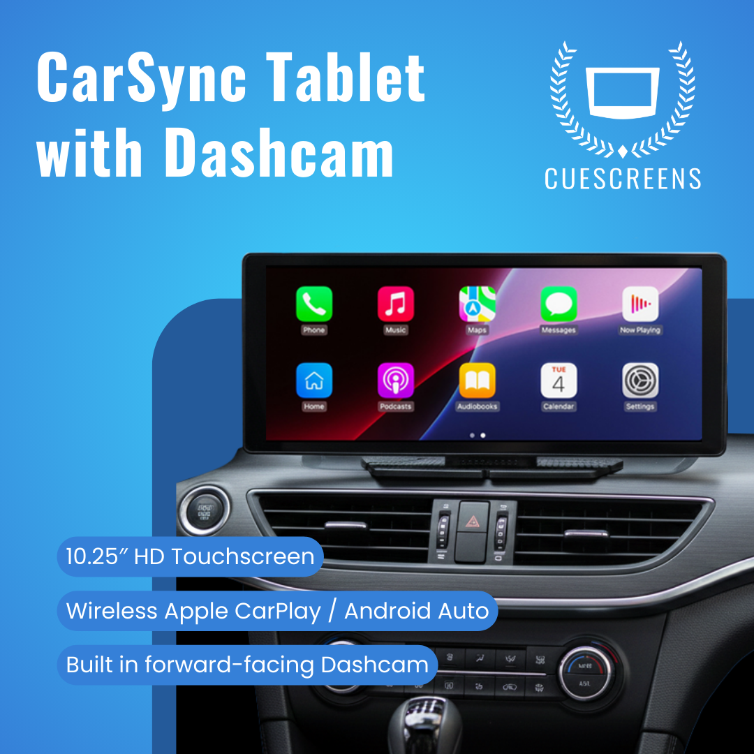 CarSync Tablet with Dashcam & Backup Camera by CueScreens — Universal 10.25″ Wireless CarPlay & Android Auto Touchscreen (Plug-and-Play 12V)