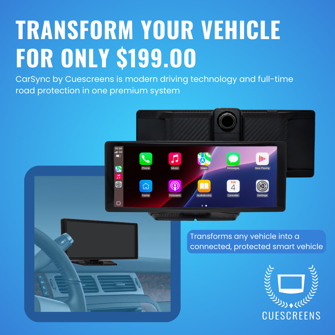 CarSync Tablet with Dashcam & Backup Camera by CueScreens — Universal 10.25″ Wireless CarPlay & Android Auto Touchscreen (Plug-and-Play 12V)