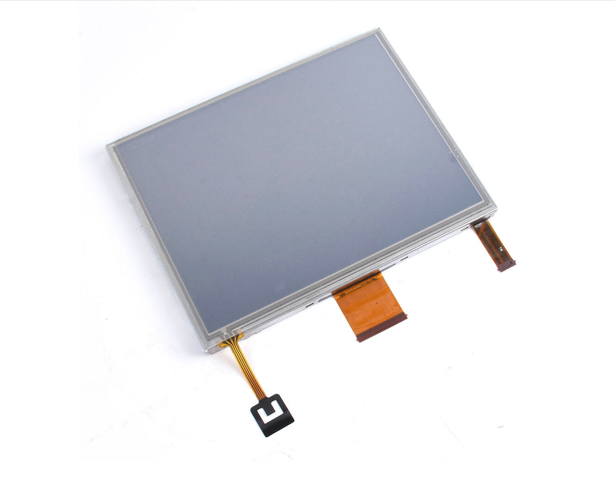 Angled view of an 8.4-inch UConnect 3 complete display assembly (LCD panel and touchscreen digitizer) featuring attached flexible ribbon cables, isolated on a white background.