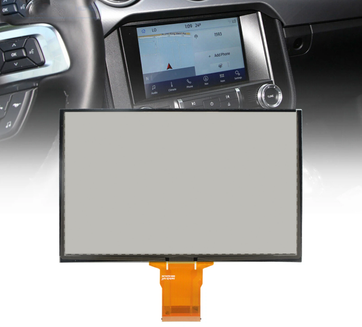 Car dashboard with a touchscreen display and a detached screen panel on a white background