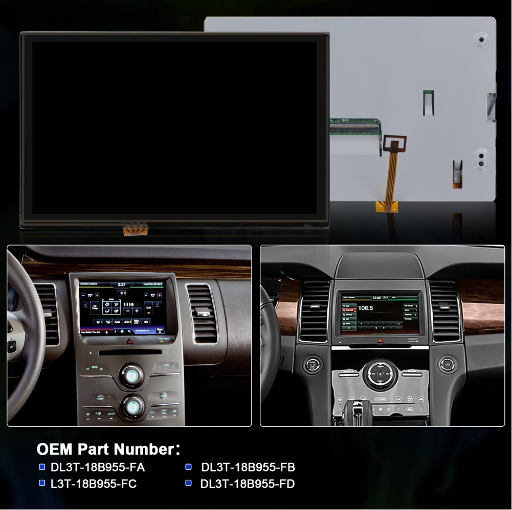 Ford replacement infotainment display screen graphic showing compatible dashboard examples and OEM part numbers DL3T-18B955-FA, FB, FC, and FD.