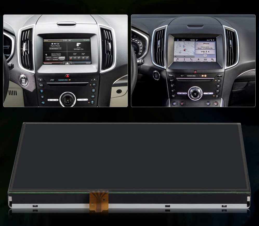Car dashboard with two different views of a touchscreen display and a detached screen on a black background.