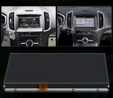 Car dashboard with two different views of a touchscreen display and a detached screen on a black background.