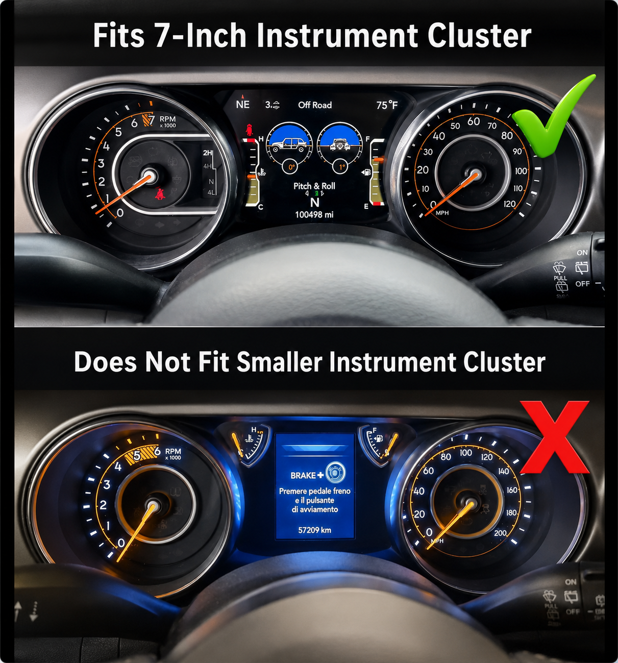 Comparison of a 7-inch instrument cluster display with a smaller one, showing compatibility.